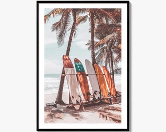 Surfboards Fine Art Photo Print, Beach Palm Tree, Tropical Coastal Wall Decor, Surfing, Summer