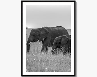 African Elephants Black and White Fine Art Photo Print, Serengeti Tanzania Safari Wall Decor