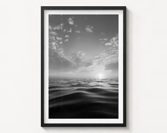 Ocean Waves Black and White Fine Art Photo Print, Sunset Horizon Poster Wall Decor