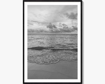Ocean Shoreline Black and White Fine Art Photo Print, Sunset Waves Poster Wall Decor