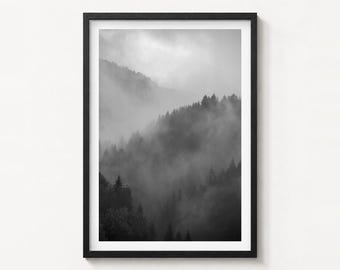Misty Mountain Black and White Fine Art Photo Print, Foggy Forest Poster Wall Decor