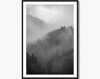 Misty Mountain Black and White Fine Art Photo Print, Foggy Forest Poster Wall Decor