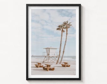 Photo d'art de la tour de sauveteur, affiche de plage ensoleillée, décoration murale de la côte californienne