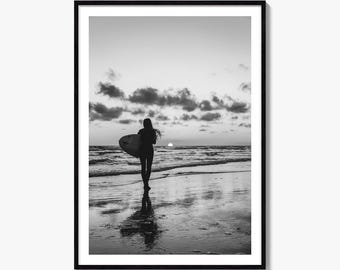 Surfer Silhouette Black and White Fine Art Photo Print, Ocean Wall Decor