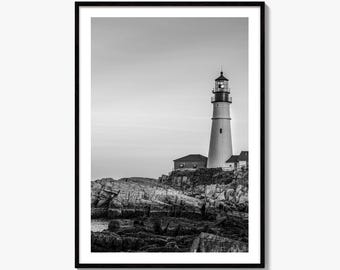 Portland Head Lighthouse Black and White Fine Art Photo Print, Maine Coastline Wall Decor