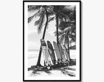 Surfboards Black and White Fine Art Photo Print, Beach Wall Decor, Palm Tree, Coastal