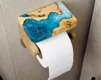 Toilettenpapierhalter mit Ablage,Toilettenrollenhalter aus Holz mit Ablage,Handyhalter,Badezimmerablage,Papierhalter aus Holz und Epoxidharz