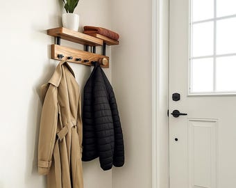 wall wood coat rack with shelves,wall mounted coat hanger with shelf,wooden wall key holder,walnut entryway organizer,new home gift