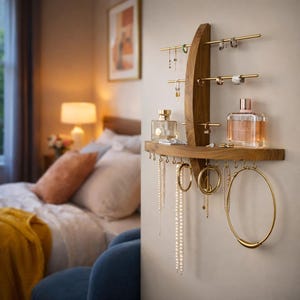 May include: A wall-mounted wooden jewelry organizer featuring a curved vertical support, three horizontal gold-toned metal bars for earrings and rings, a small shelf holding two glass perfume bottles, and a row of hooks for hanging necklaces and bracelets.