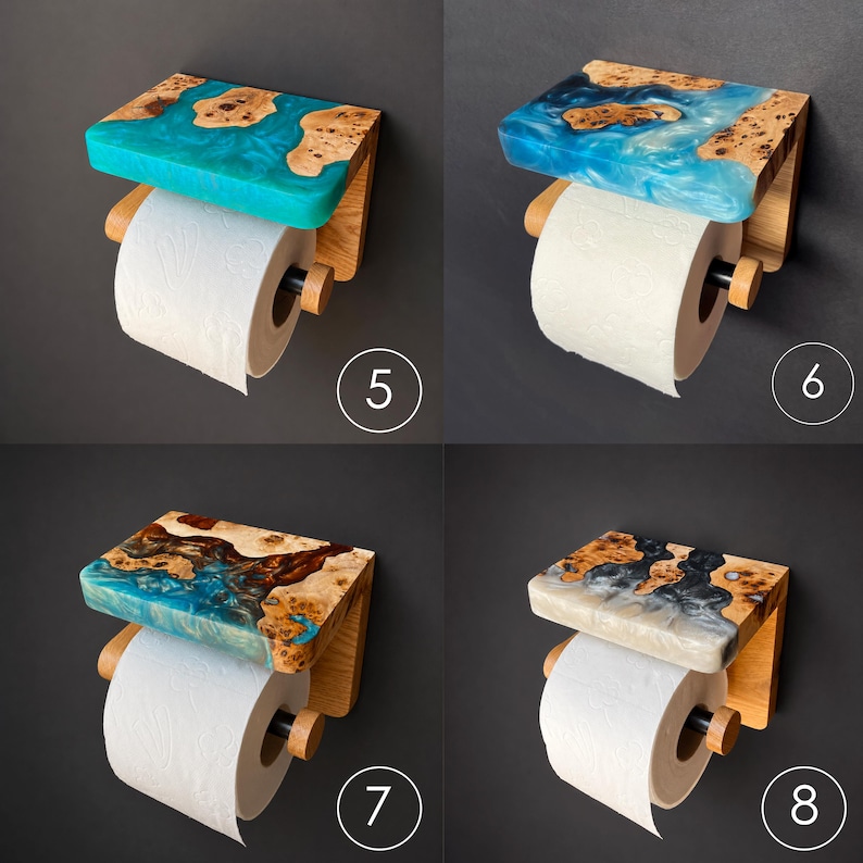 May include: Four wall-mounted toilet paper holders featuring a wooden shelf with embedded resin in turquoise, blue, and grey swirls. Each holder includes a wooden bracket, a black horizontal rod, and a roll of white toilet paper. Numbers 5, 6, 7, and 8 are visible.