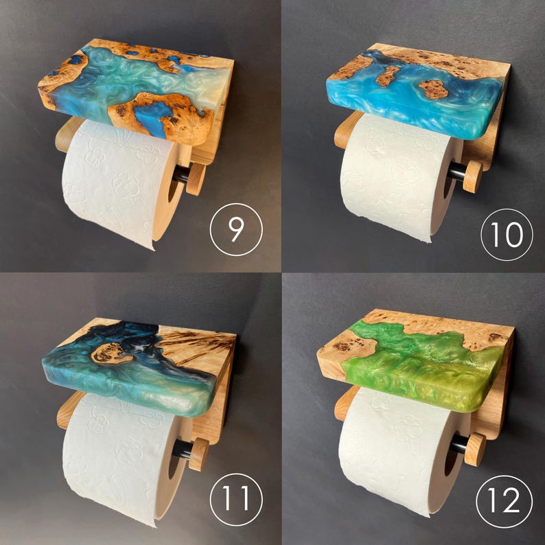 May include: Four wall-mounted toilet paper holders featuring a wooden shelf with embedded resin in blue, turquoise, and green swirls. Each holder includes a wooden arm and a black rod supporting a roll of white toilet paper, labeled with numbers 9 through 12.