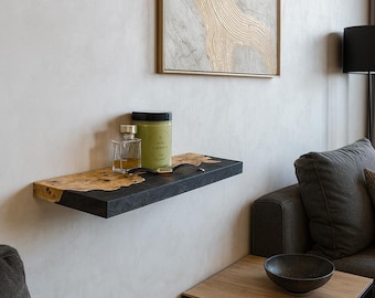 black floating shelf,wood floating shelves,live edge floating shelf in epoxy resin & wood,custom wall shelf,wood bookshelf,unique shelf