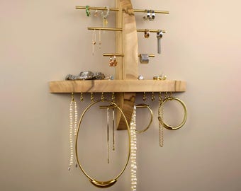 Wall Jewelry Organizer,Wooden Jewelry Stand,Earring Hanger Display,Walnut Jewelry Wall Hanger,Wood Jewelry Holder,Gift for Her,Jewelry Tray