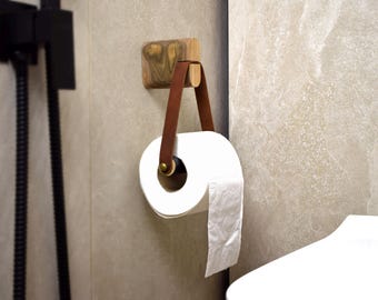 Wall Mount Toilet Paper Wood Holder,Leather Toilet Roll Holder,Wooden Toilet Paper Hook Rack,Bathroom Decor Accessories,Toilet Paper Shelf
