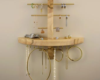 Wooden Jewelry Stand,Walnut Jewelry Organizer,Wall Mount Jewelry Holder,Wood Necklace Organizer,Wall Mounted Earring Hanger,Gift for Her