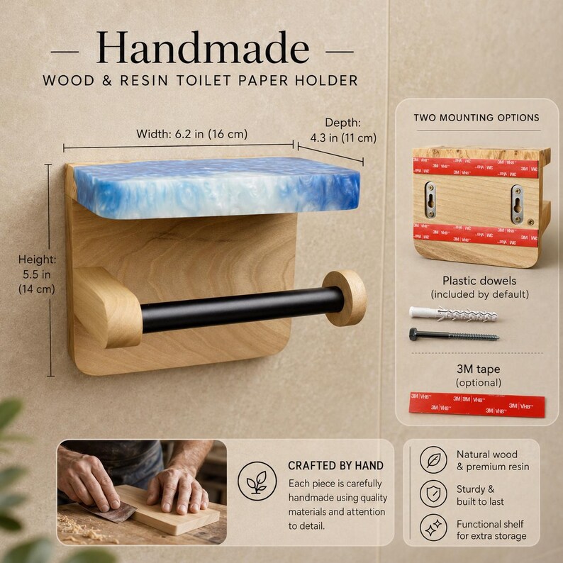 May include: A handmade wood and resin toilet paper holder with a blue and white resin shelf. It measures 6.2 inches wide, 5.5 inches high, and 4.3 inches deep. The holder features a black metal bar and includes mounting hardware and 3M tape.