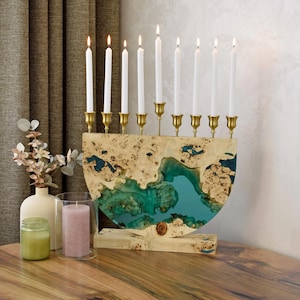Chanukah Menorah Wood and Epoxy Resin,gift for jewish,bat mitzvah gift,Jewish Home Decor,Candle Holder,Modern 9-Branch Hanukkah Menorah