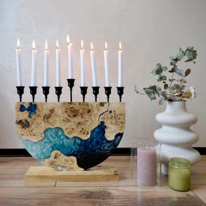 Jewish Hanukkah Menorah,Jewish Home Decor,Candle Holder Wood and Epoxy Resin,Chanukah gift,Bat Mitzvah gift,Unique 9-Branch Hanukkah Menorah