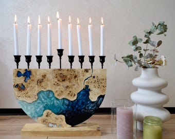 Jewish Hanukkah Menorah,Jewish Home Decor,Candle Holder Wood and Epoxy Resin,Chanukah gift,Bat Mitzvah gift,Unique 9-Branch Hanukkah Menorah