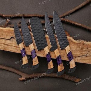 5 Stück Hand geschmiedet Kohlenstoffstahl Koch Set, Damast Küchenmesser Koch Set, Küchenmesser Koch Set, Geschenk für Ihn, Brautgeschenk, Hochzeitsgeschenk