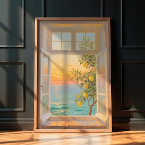 Geöffnetes Fenster mit Meerblick Wandkunst, Zitronenbaum-Wandkunst, Italien Como Malerische Fensteransicht Ölgemälde, Vintage Fenster-Wanddekor