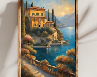 Villa del Balbianello in Claude Monet-stijl, afdrukbare muurkunst Comomeer, Italië, Comomeer en de Alpen, mediterrane villa, mediterrane stijl