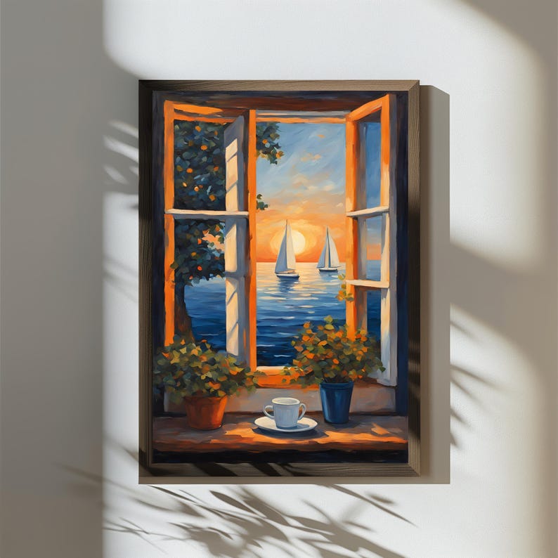 K&ouml;nnte beinhalten: Ein Gem&auml;lde, das ein offenes Fenster mit Blick auf eine Meereslandschaft bei Sonnenuntergang zeigt. Zwei Segelboote sind auf dem Wasser zu sehen. Eine Tasse Kaffee steht auf einer Fensterbank mit einer Topfpflanze.