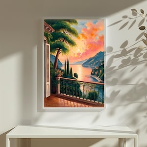 Open Window with Como Lake View Wall Decor,  Vintage Open Balcony Wall Art, Italy Como Lake Scenic Window View Oil Painting, Bellagio View