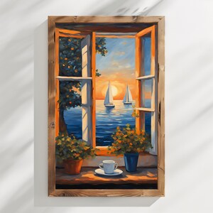 K&ouml;nnte beinhalten: Ein Gem&auml;lde, das ein Fenster mit Blick auf eine Meereslandschaft bei Sonnenuntergang zeigt. Zwei Segelboote sind in der Ferne zu sehen, und eine Tasse Kaffee steht auf der Fensterbank.