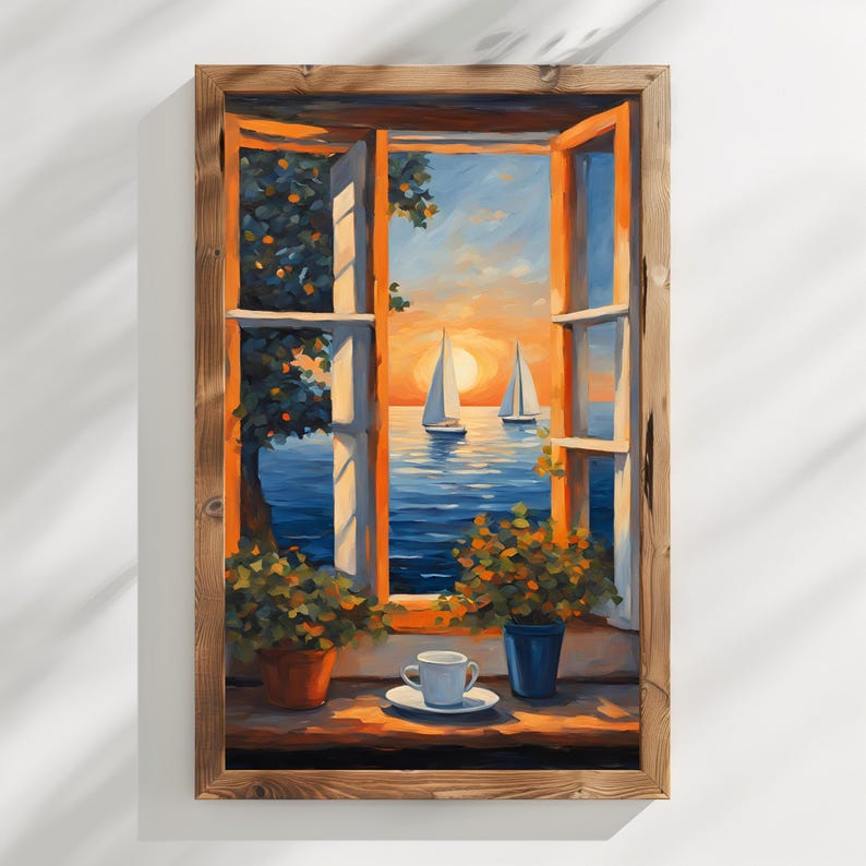 K&ouml;nnte beinhalten: Ein Gem&auml;lde, das ein Fenster mit Blick auf eine Meereslandschaft bei Sonnenuntergang zeigt. Zwei Segelboote sind in der Ferne zu sehen, und eine Tasse Kaffee steht auf der Fensterbank.