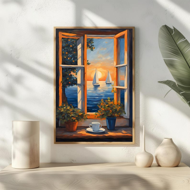 K&ouml;nnte beinhalten: Ein Gem&auml;lde, das ein offenes Fenster mit Blick auf eine Meereslandschaft bei Sonnenuntergang zeigt. Zwei Segelboote sind in der Ferne zu sehen, und die Sonne geht hinter ihnen unter. Im Vordergrund befindet sich eine Tasse Kaffee auf einem Fenstersims.