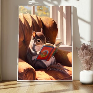 Enchanting Squirrel Wall Art, Vintage Squirrel Poster, Painting of a Squirrel Reading a Book, Animal Painting, Vintage Animal Squirrel Print