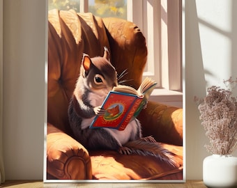 Bezaubernde Eichhörnchen Wandkunst, Vintage Eichhörnchen Poster, Gemälde eines Eichhörnchens, das ein Buch liest, Tiermalerei, Vintage Tier Eichhörnchen Druck