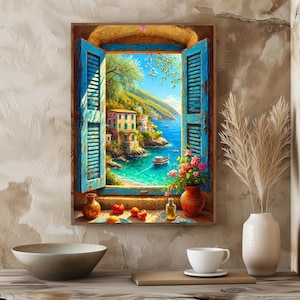 May include: A painting of a window with blue shutters open to reveal a view of a small town on a coastline with a blue sea and a boat. The windowsill has a vase with flowers, a bowl of fruit, and a bottle.