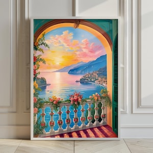 Open Window with Sunset, Vintage Open Balcony Wall Art, Opened Window with Como Lake View Wall Decor, Italy Como Window View Oil Painting