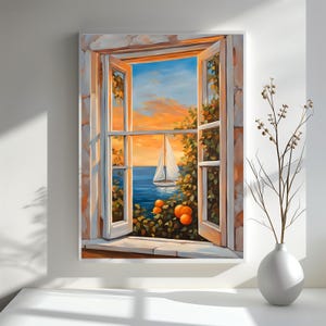Puede incluir: Una pintura de una ventana con vista a un velero en el océano. La ventana está abierta y hay naranjos en primer plano. El cielo es de un naranja y azul vibrantes.