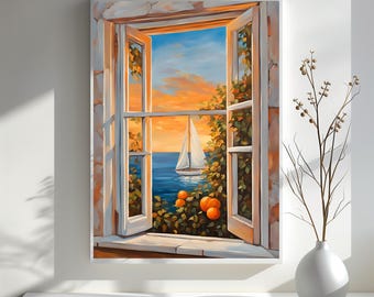 Fauvismus Offenes Fenster Wandkunst, Orangenbaum Henri Matisse Stil Gemälde, Vintage Matisse Wandkunst Bunte Wand des offenen Fensters, Meerblick Dekor
