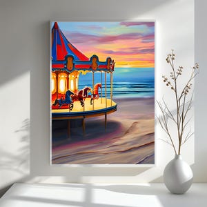 Carousel on the beach Oil Painting, Pastel Carousel Art Print, Vintage Carousel Wall Art, Nostalgic Merry-Go-Round Poster, Carnival Wall Art