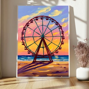 May include: A vibrant painting of a Ferris wheel on a beach at sunset. The Ferris wheel is red and green, set against a colorful sky with shades of pink, orange, and blue. The beach and ocean are also depicted with bright colors.