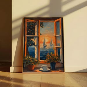 K&ouml;nnte beinhalten: Ein Gem&auml;lde, das ein Fenster mit Blick auf einen Sonnenuntergang &uuml;ber dem Meer mit zwei Segelbooten zeigt. Auf der Fensterbank stehen Pflanzen in T&ouml;pfen und auf einem Tisch stehen eine Tasse und eine Untertasse.
