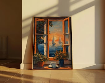 Open Window Ocean View Wall Art, Open Window Orange Tree Henri Matisse Style Fauvism Painting, Mediterranean Sea, Sailing Art, Matisse Paint