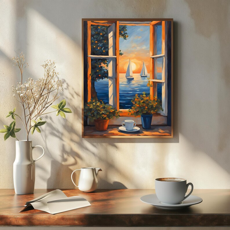 K&ouml;nnte beinhalten: Ein Gem&auml;lde eines Fensters mit Blick auf einen Sonnenuntergang &uuml;ber dem Meer mit zwei Segelbooten. Das Fenster ist ge&ouml;ffnet und auf dem Fenstersims steht eine Tasse Kaffee.
