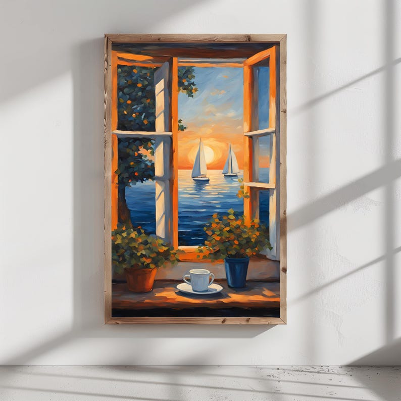 K&ouml;nnte beinhalten: Ein Gem&auml;lde, das ein Fenster mit Blick auf das Meer und zwei Segelboote bei Sonnenuntergang zeigt. Eine Tasse Kaffee steht auf der Fensterbank.