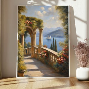 Oil Painting Villa Del Balbianello, Italy Lake Como Print Wall Art, Lake Como and The Alps, Claude Monet Style Mediterranean Villa Poster