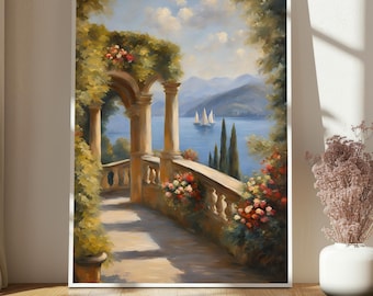 Villa del Balbianello olieverfschilderij, Italië Comomeer afdrukken kunst aan de muur, Comomeer en de Alpen, Claude Monet-stijl mediterrane villa poster