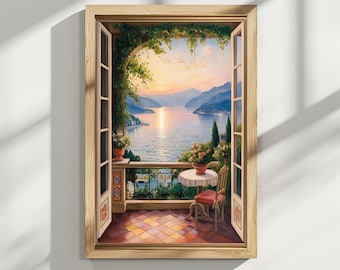 Geöffnetes Fenster mit Blick auf den Comer See Wanddekor, Italien Como Malerische Fensteransicht Ölgemälde, Vintage Wandkunst mit offenem Balkon, Como See Wandkunst