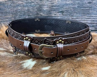 Leather big belt GOTHIC pattern, handcrafted in Italy for LARP, Renfair, CINEMA, cosplay, Pirates