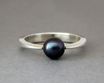 Black Pearl Sterling Silver Ring - Modern Engagement Ring