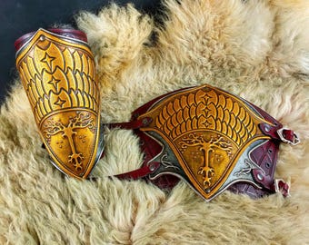 Brazaletes de cuero Ranger hechos a mano: Armadura para LARP y cosplay en oro y plata