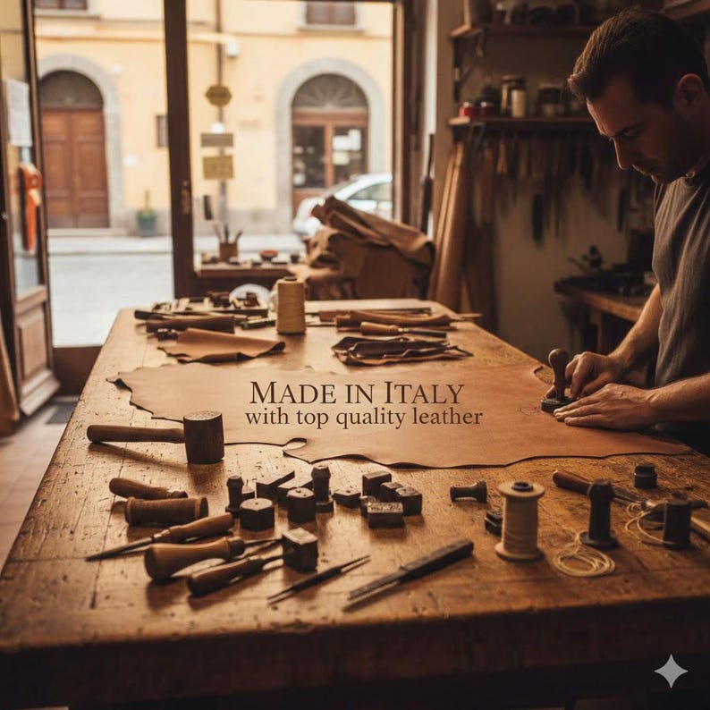 Puede incluir: Un artesano trabaja cuero marr&oacute;n sobre una mesa de madera. Hay herramientas de marroquiner&iacute;a y carretes de hilo. El texto "MADE IN ITALY with top quality leather" es visible. Escena de artesan&iacute;a en cuero.